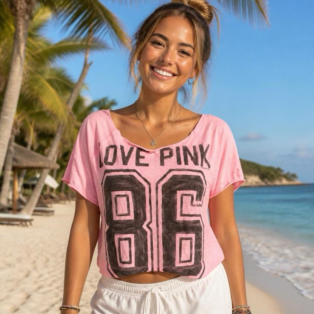 Vintage Y2K Victorias Secret PINK T Shirt Crop Top Jersey Love Pink 86 Preppy XS